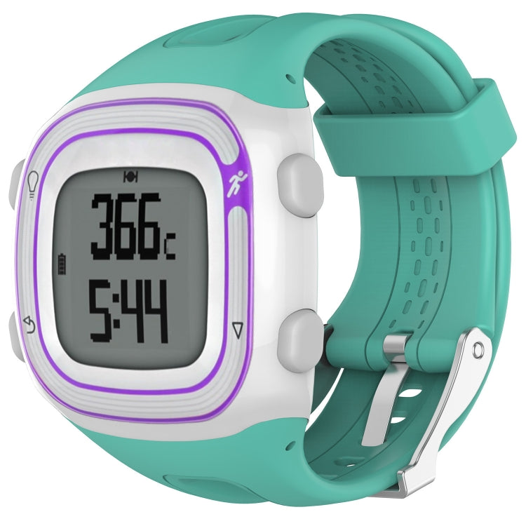 Mint green and white silicone sport watch with rectangular digital display and purple border