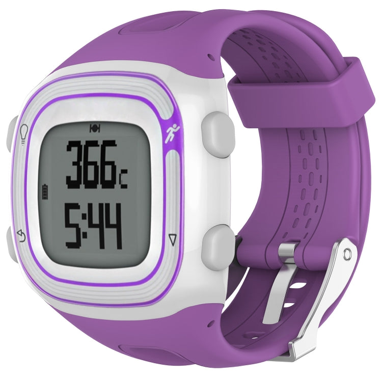 Purple and white silicone sport watch with rectangular digital display and purple border