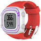 Red and white silicone sport watch with rectangular digital display and purple border