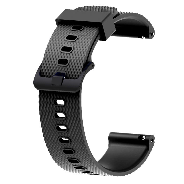 Black silicone sport watch band with textured holes and curved clasp, 20mm