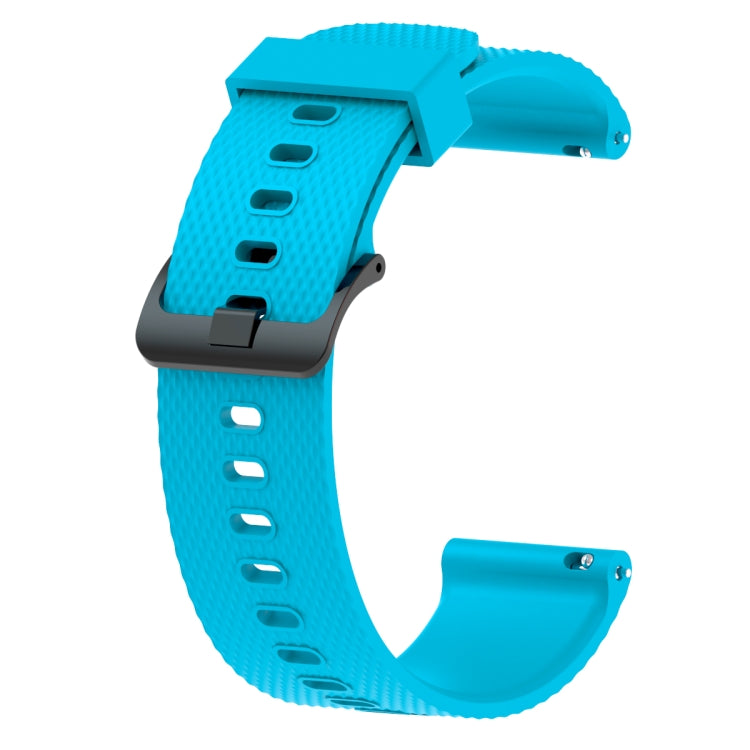 20mm silicone sport watch band, sky blue with textured perforations and buckle.
