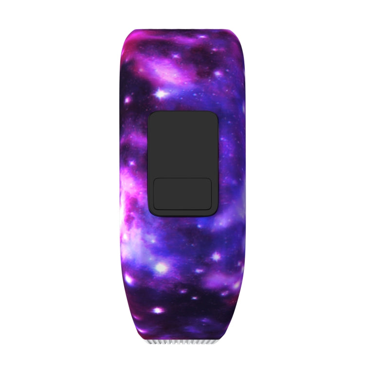 Purple galaxy-pattern silicone sport watch band with dark rectangular display cutout