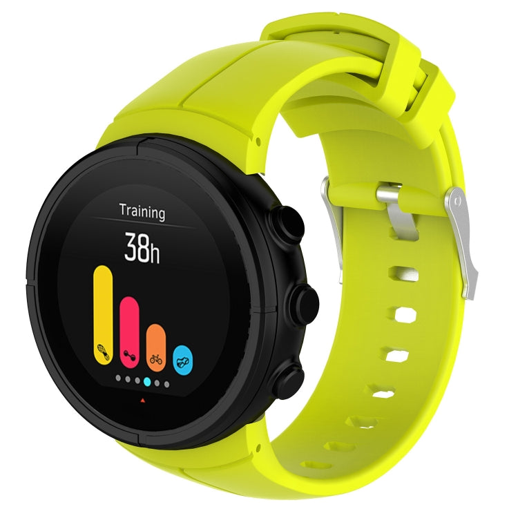 Lime yellow silicone watch band with perforated strap and metal buckle, shown with smartwatch face
