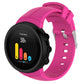Rose red silicone watch band with perforated strap and metal buckle, shown with smartwatch face
