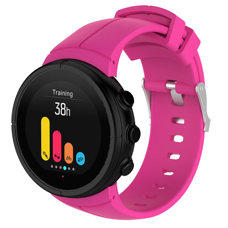 Rose red silicone watch band with perforated strap and metal buckle, shown with smartwatch face