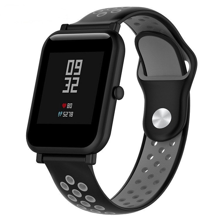Double-color silicone sport watch band, black with dark gray perforated strap and buckle