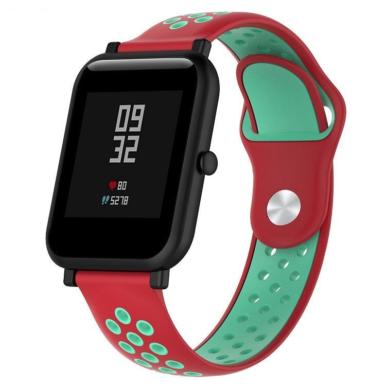 Double-color silicone sport watch band, red outer with mint green perforated strap