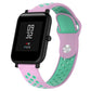 Silicone sport watch band with lilac purple and mint green perforated straps, black watch case