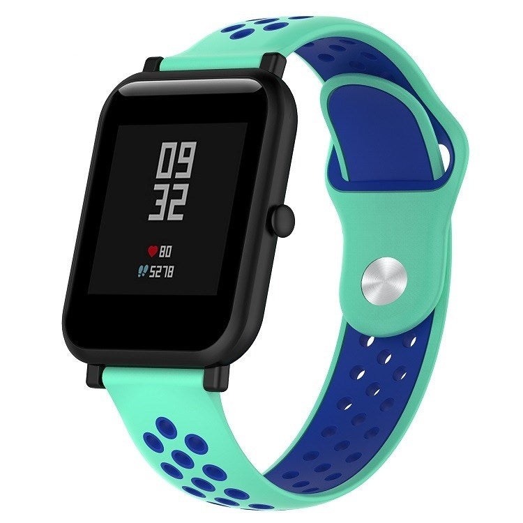 Silicone sport watch band with teal and deep blue perforated straps, black watch case