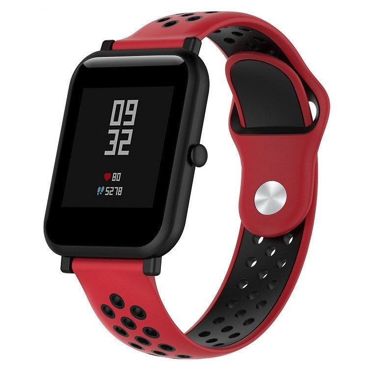 Silicone sport watch band with red and black perforated straps, black watch case