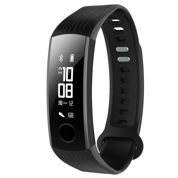 Black silicone watch band with dark display and adjustable clasp for activity tracker