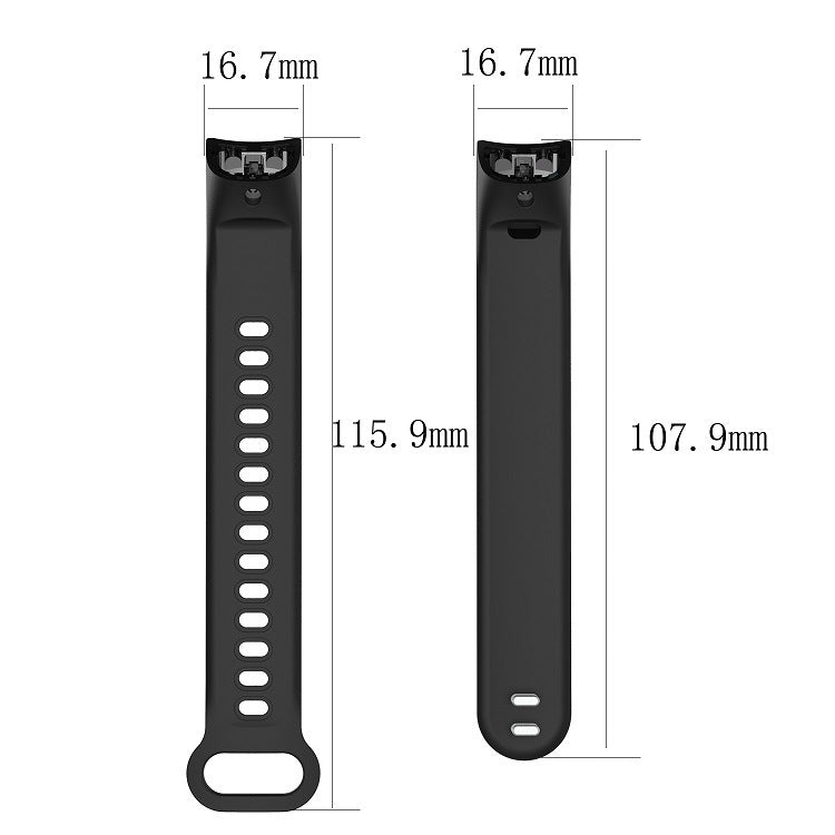 Black silicone watch band size diagram with length measurements