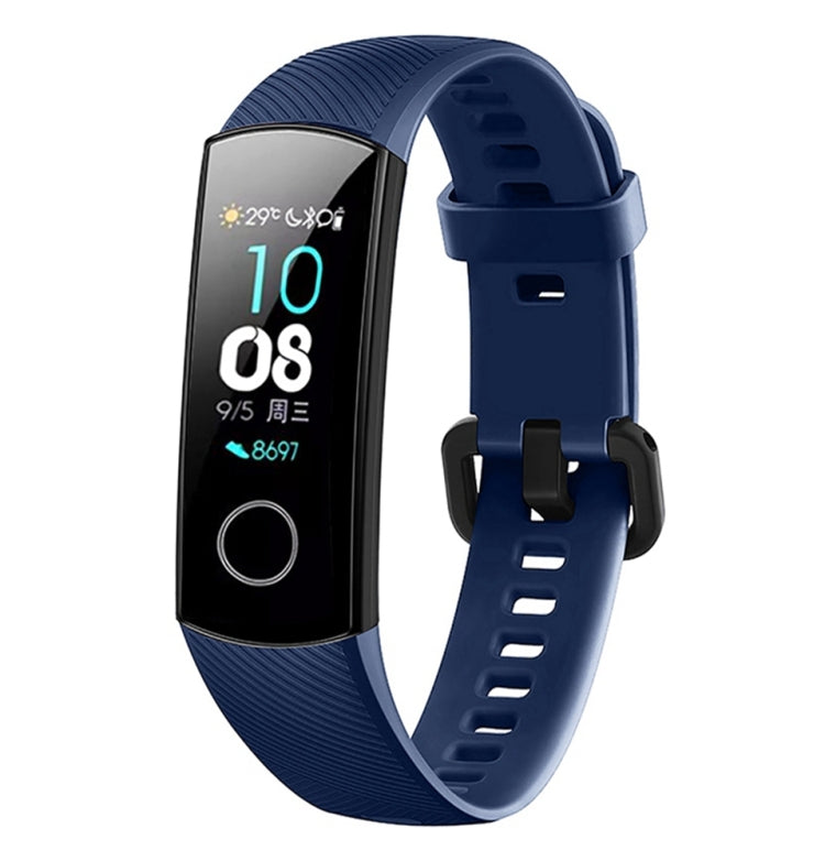 Navy blue silicone watch band with textured strap and adjustable buckle for fitness tracker