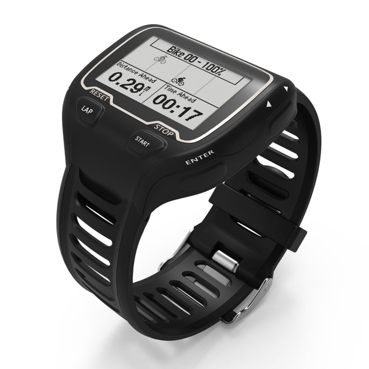 Black silicone watch band with metal buckle, smartwatch with activity screen