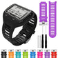 Purple silicone watch band set with metal buckle, pins, and two straps shown