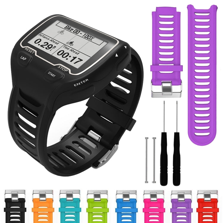 Purple silicone watch band set with metal buckle, pins, and two straps shown