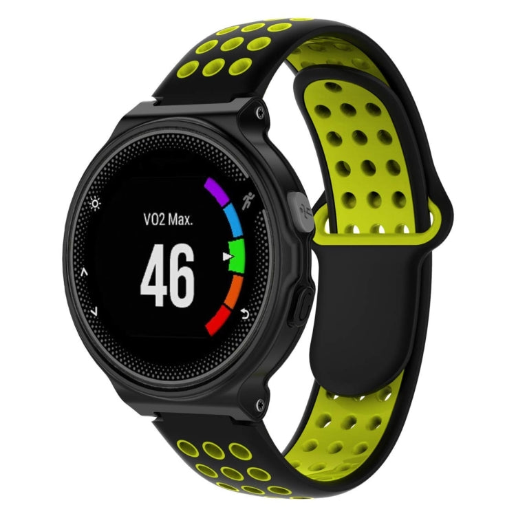 Silicone sport watch band: black watch case with lime green perforated strap and dots