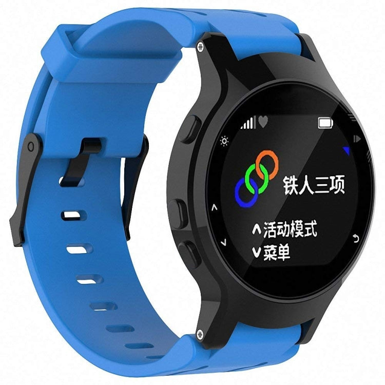 Blue silicone sport watch band with perforated strap and black watch holder.