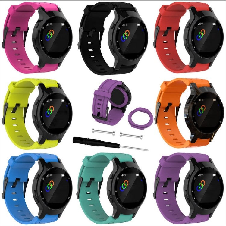 Silicone sport watch bands in multiple colors with black watch holder and perforated straps.