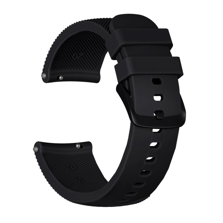 Black silicone watch band with textured strap ends, metal pins, and adjustable buckle holes