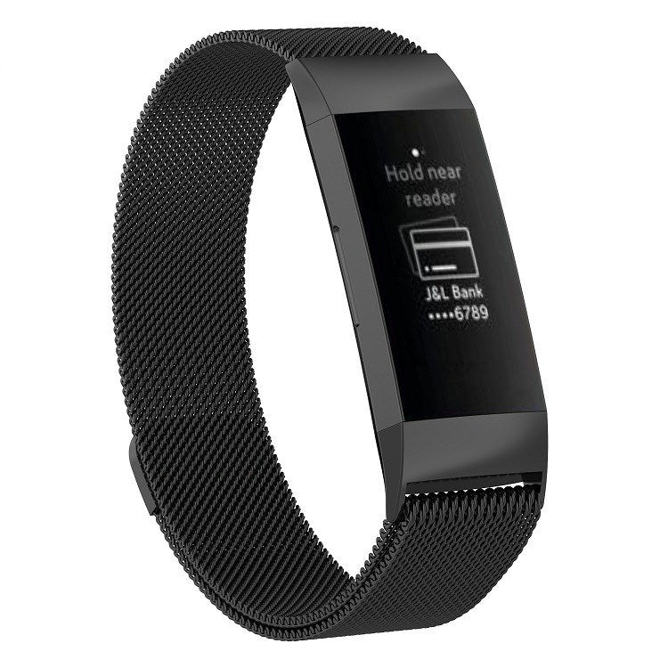 Black stainless steel mesh watch band with magnetic clasp and dark tracker