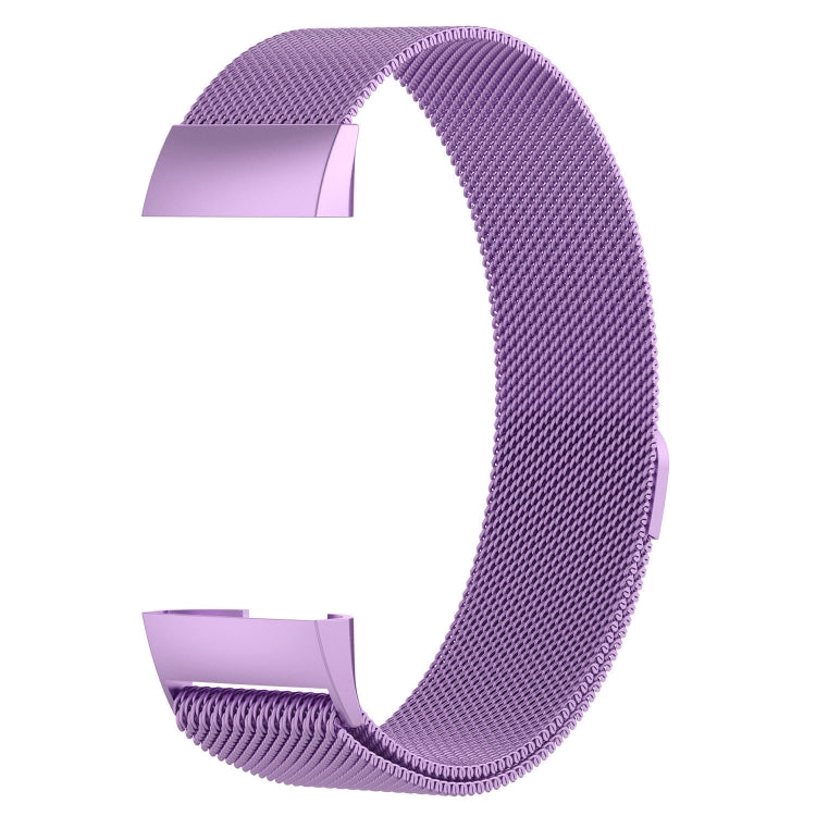 Light purple metal mesh watch band with magnetic clasp, shown from side angle