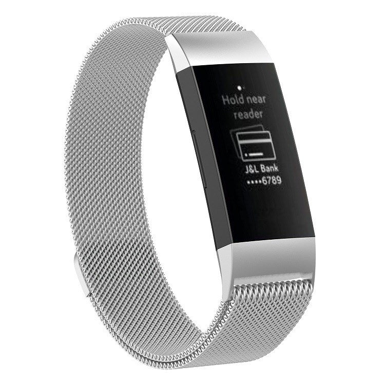 Silver stainless steel mesh watch band with magnetic clasp and dark tracker