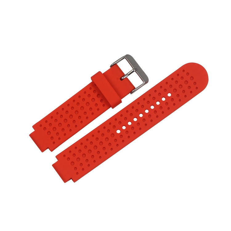 Adjustable red watch band with perforated dots and silver metal buckle