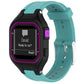 Adjustable watch band in teal with black smartwatch and purple side button