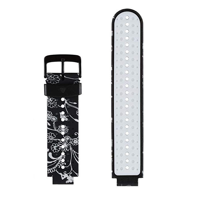Silicone sport watch band with black floral line pattern and white perforated strap, black clasp
