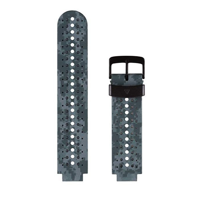 Silicone sport watch band with dark gray speckled pattern, white perforated holes and black clasp