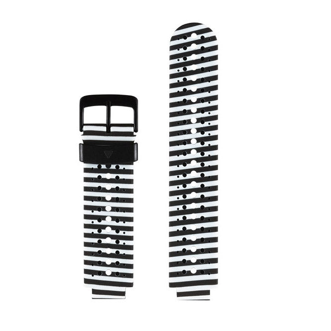 Silicone sport watch band in black with white dotted stripe pattern and black buckle
