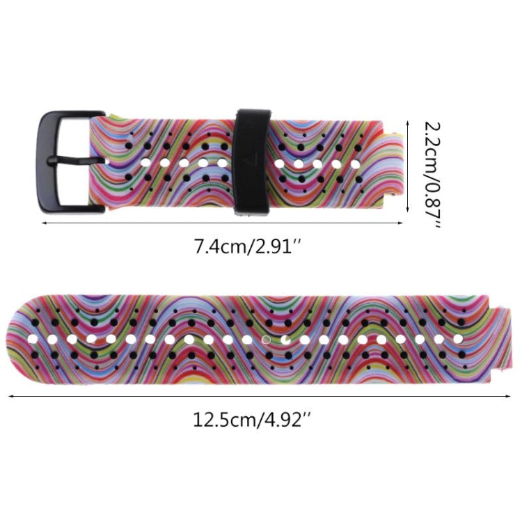 Silicone sport watch band with colorful wavy lines pattern and black connector