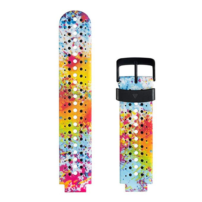 Silicone sport watch band with rainbow confetti dots pattern and black buckle