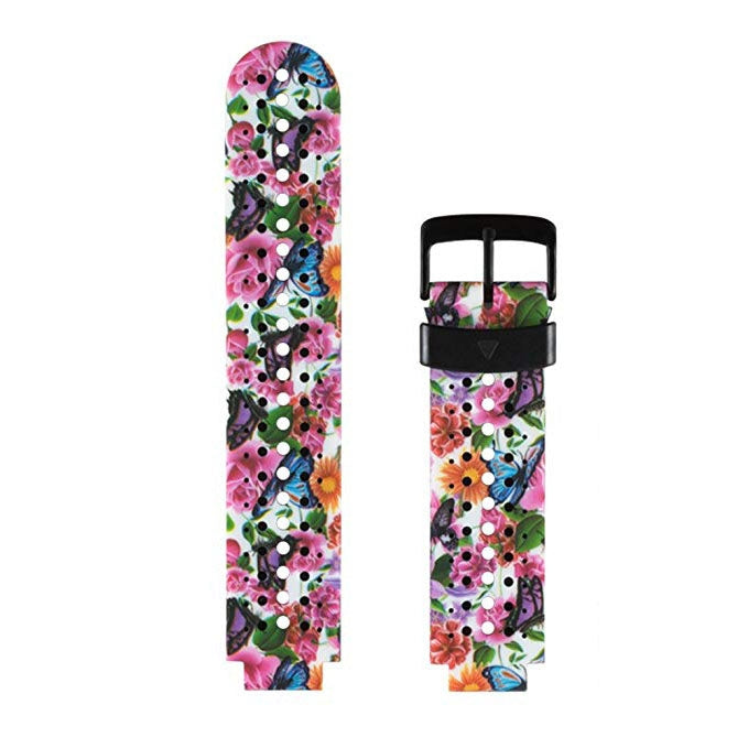 Silicone sport watch band with colorful floral pattern, perforated strap and black clasp