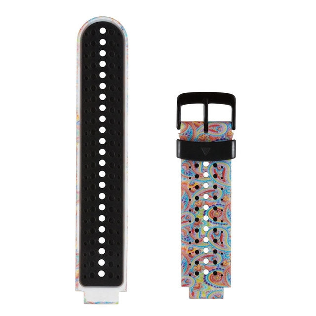 Silicone sport watch band with colorful abstract pattern, black clasp and perforated holes