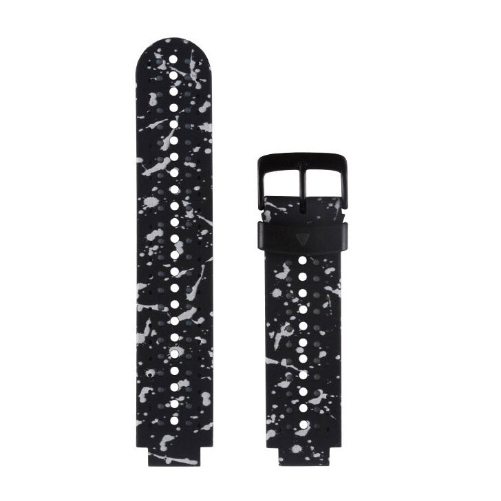 Silicone sport watch band with black speckled pattern, white perforated dots and black clasp