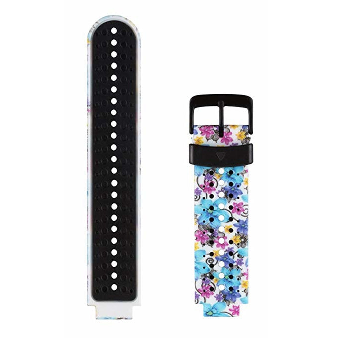 Silicone sport watch band with blue flower confetti pattern and black buckle