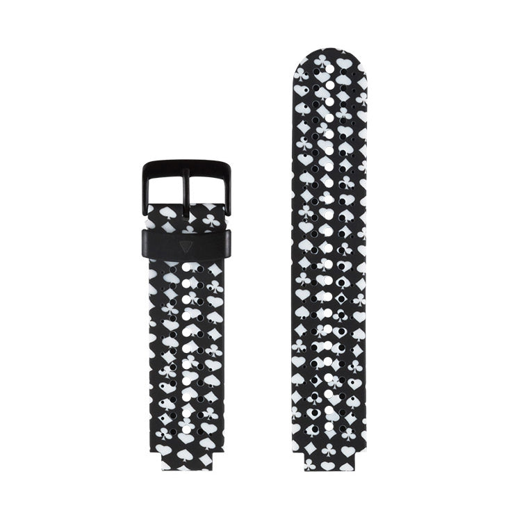 Silicone sport watch band in black with white heart pattern and black buckle