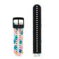 Silicone sport watch band with light blue and pink confetti dot pattern and black buckle