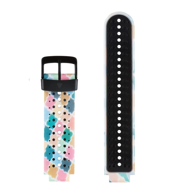Silicone sport watch band with light blue and pink confetti dot pattern and black buckle