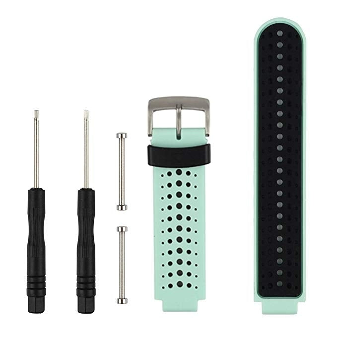 Two-tone silicone sport watch band in mint green and black, perforated strap with metal clasp