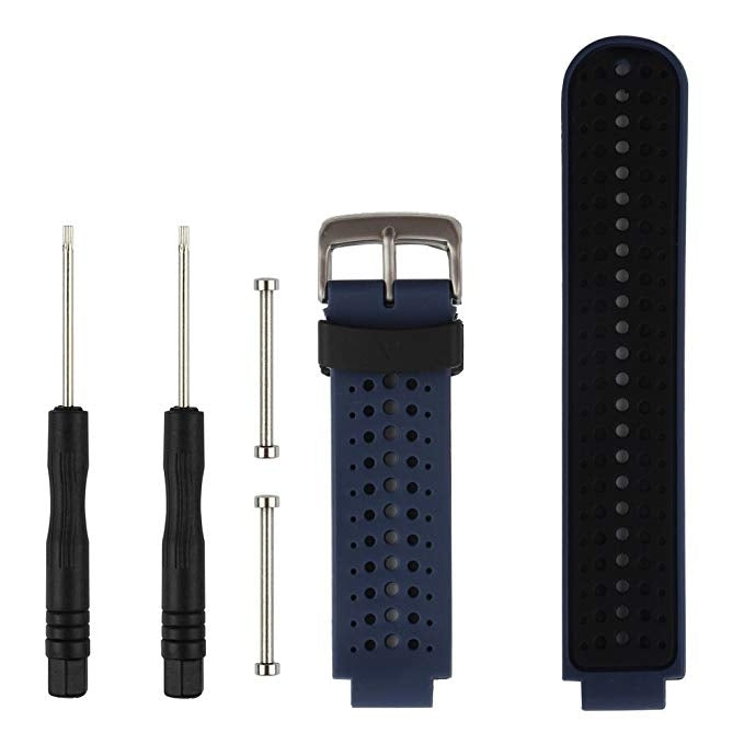 Two-tone silicone sport watch band in dark blue and black, with metal clasp and pins