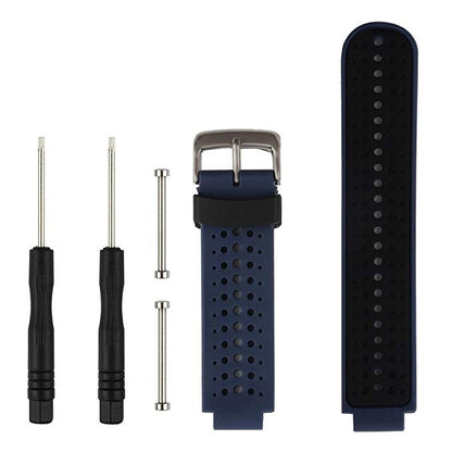 Two-tone silicone sport watch band in dark blue and black, with metal clasp and pins