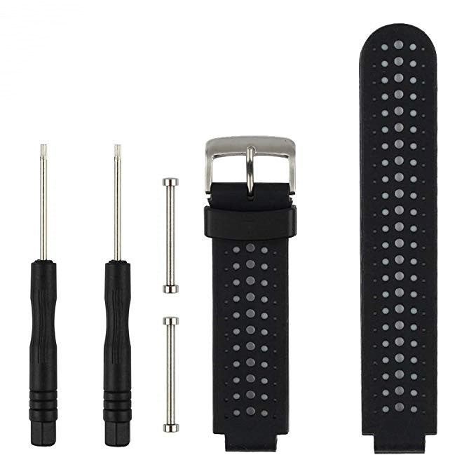 Two-tone silicone sport watch band in black and dark blue, perforated strap with metal clasp