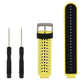 Two-tone silicone sport watch band in yellow and black, perforated strap with metal clasp