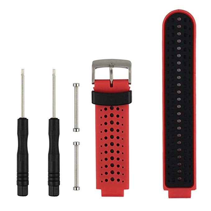 Two-tone silicone sport watch band in red and black, perforated strap with metal clasp