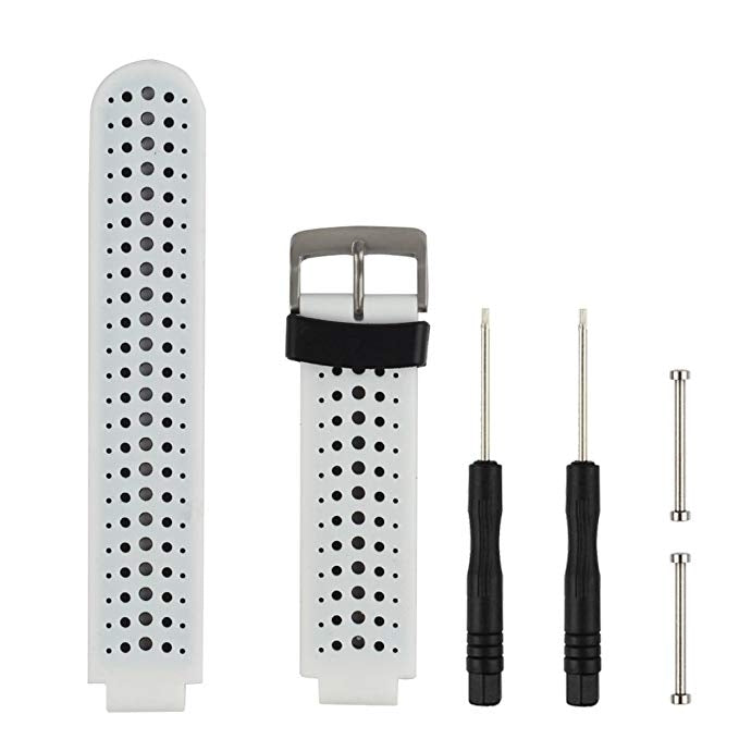 Two-tone silicone sport watch band in white and black, perforated strap with metal clasp