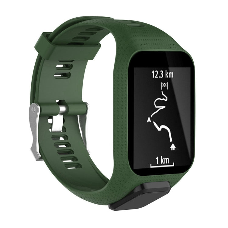 Dark green silicone sport watch band with perforated strap and side adjustment holes