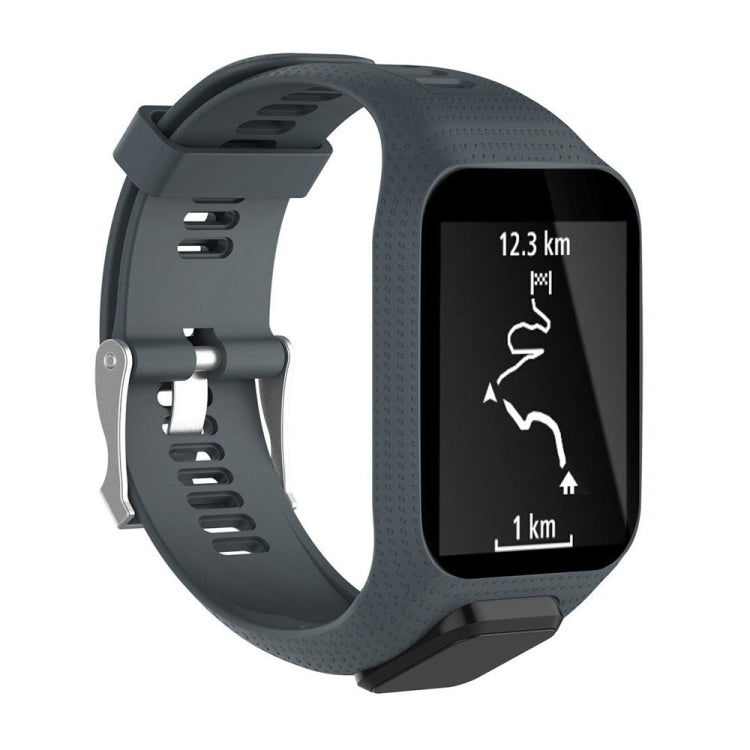Charcoal grey silicone sport watch band with perforated strap and clasp